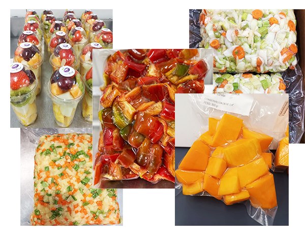 Vasos con fruta fresca variada, bolsas con trozos de frutas y verduras picadas como pimientos, zanahorias y calabaza, todas envasadas al vacío.